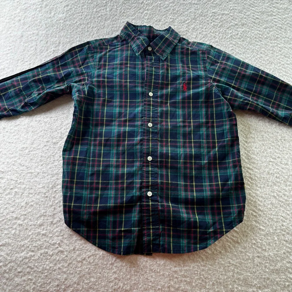 Ralph Lauren Plaid Button Down Shirt Long Sleeve Classic Fit Kids Sz S Red Pony